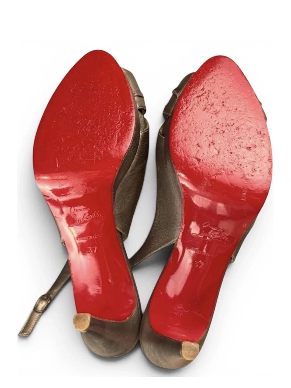 Christian Louboutin bronze leather peep-toe slingback pumps